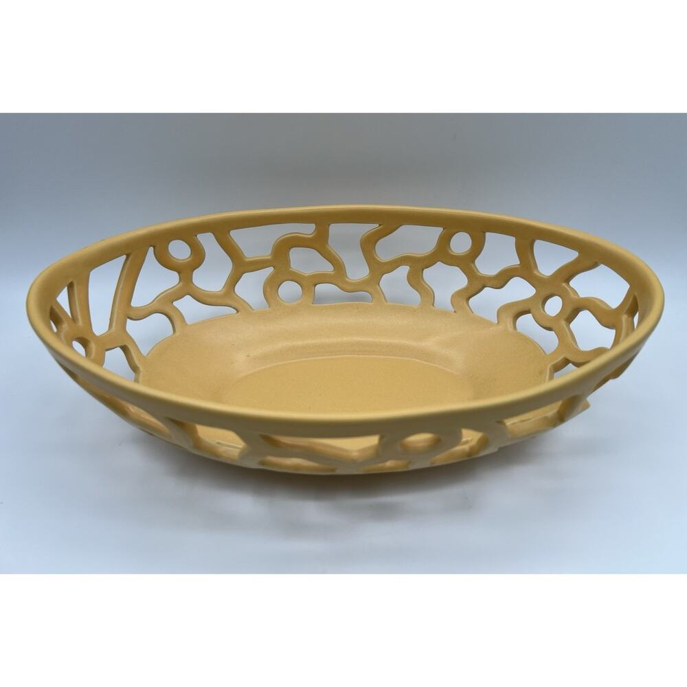 Studio Art Pottery Yellow Glazed Reticulated Oval Console Bowl 12” Artist Signed